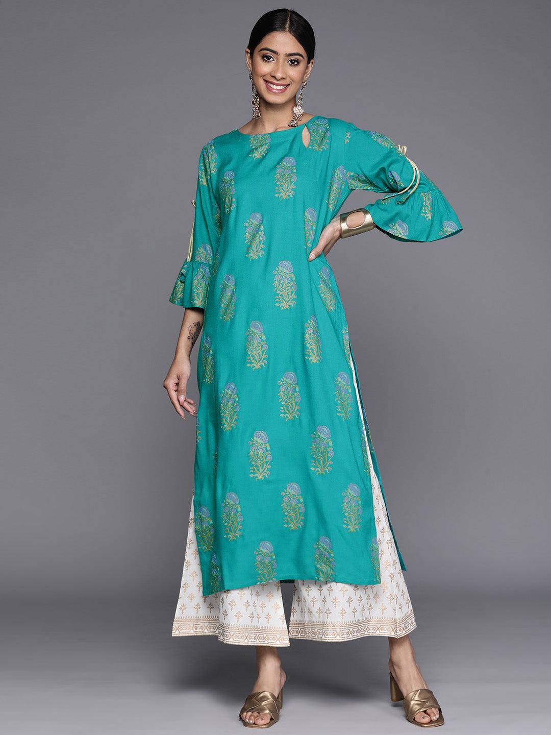 Blue Printed Rayon Straight Kurta - Jashvi