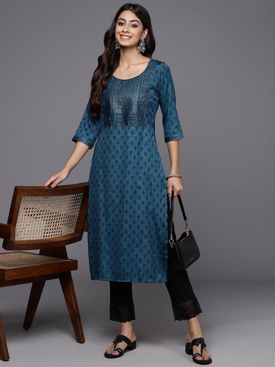 Blue Printed Rayon Straight Kurta - Jashvi