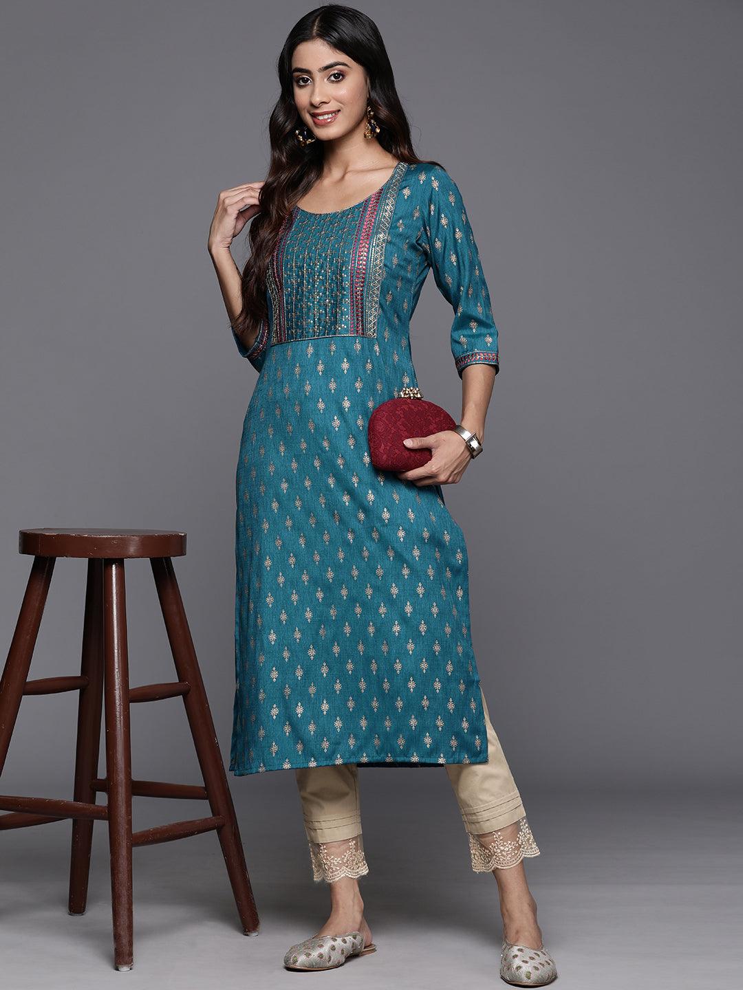 Blue Printed Rayon Straight Kurta - Jashvi