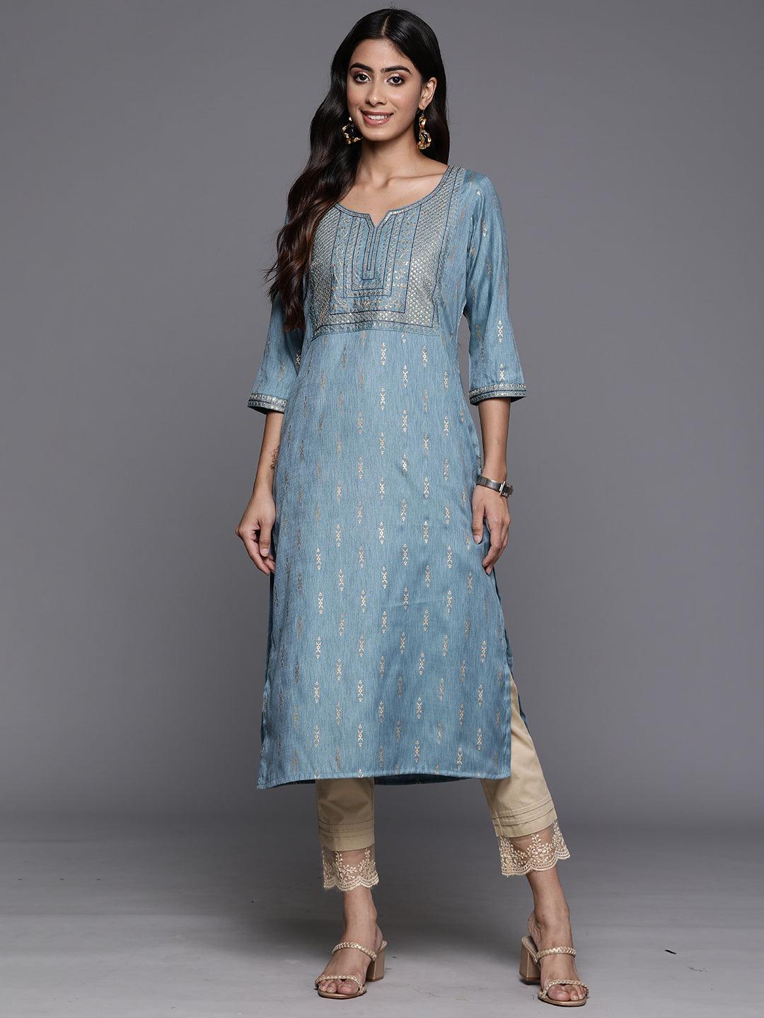 Blue Printed Rayon Straight Kurta - Jashvi