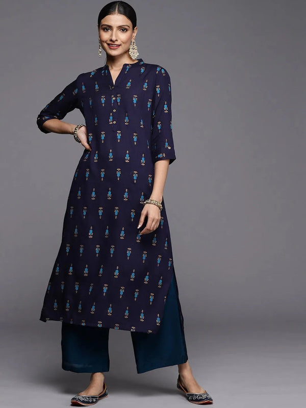 Blue Printed Rayon Straight Kurta - Jashvi