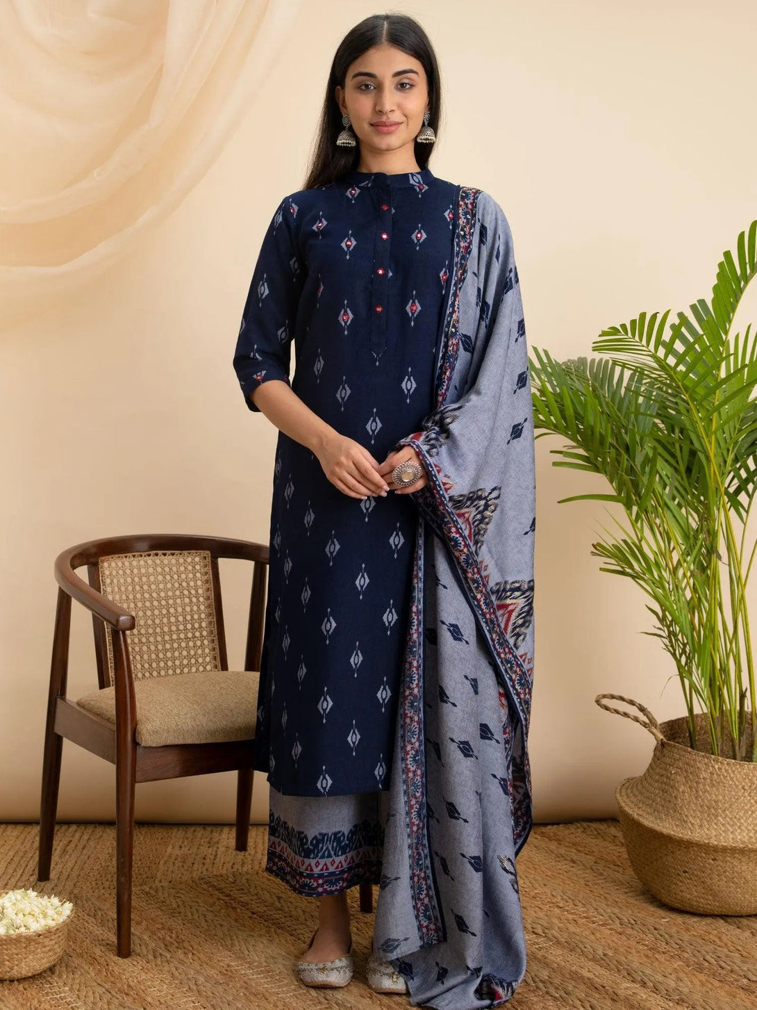 Blue Printed Rayon Suit Set - Jashvi