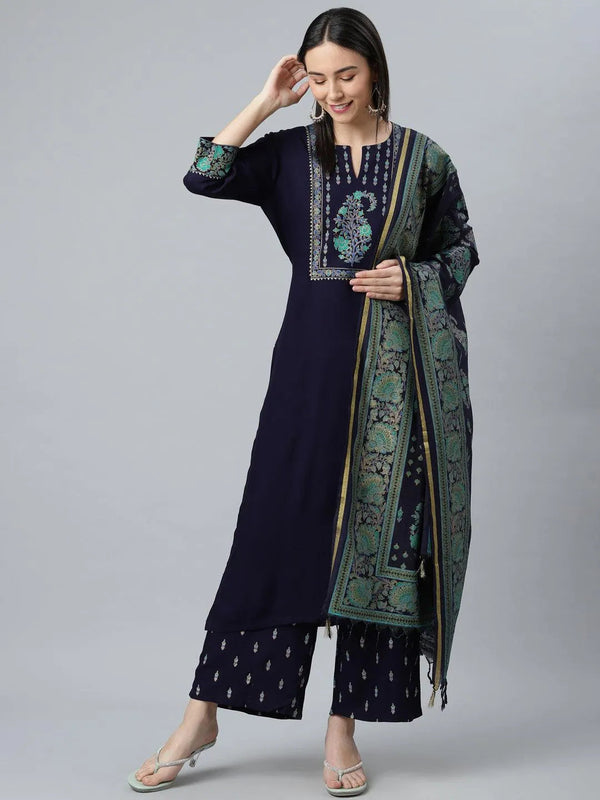 Blue Printed Rayon Suit Set - Jashvi