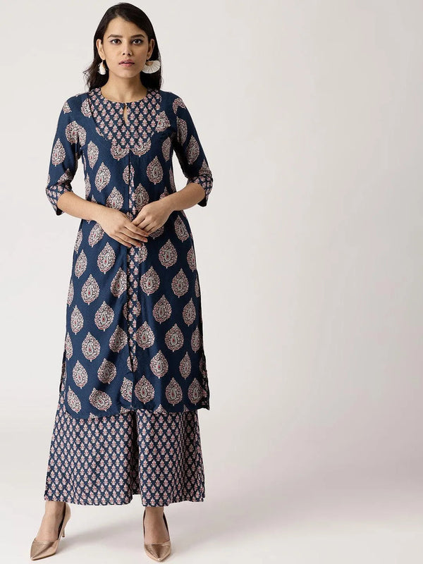 Blue Printed Rayon Kurta Set With Jacket - Jashvi