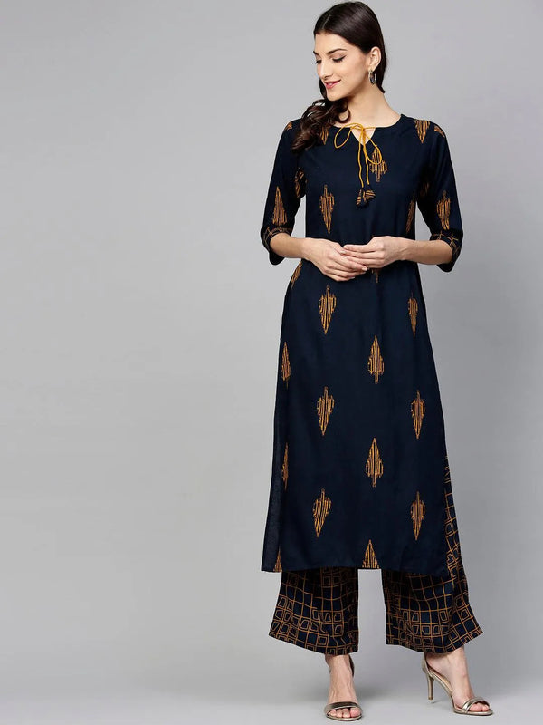 Blue Printed Rayon Kurta Set - Jashvi