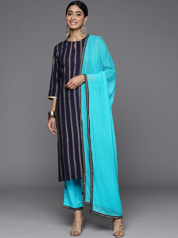 Blue Printed Rayon Straight Kurta With Trousers & Dupatta - Jashvi