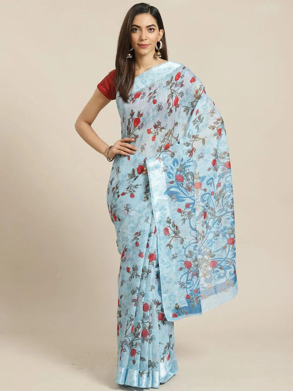 Blue Printed Satin Saree - Jashvi