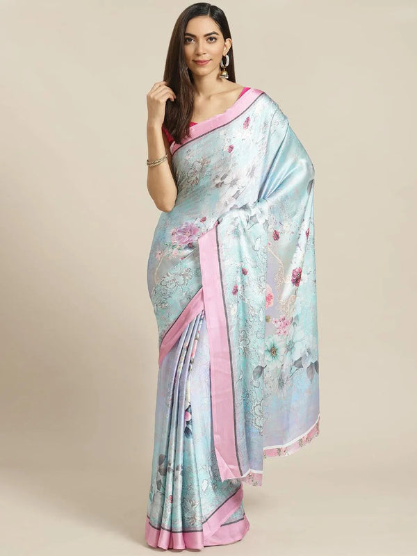 Blue Printed Satin Saree - Jashvi