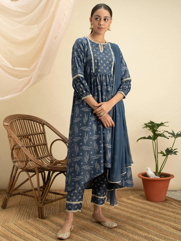 Blue Printed Silk A-Line Suit Set - Jashvi