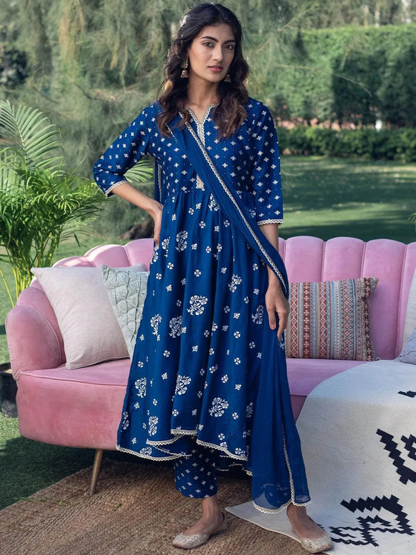 Blue Printed Silk Suit Set - Jashvi