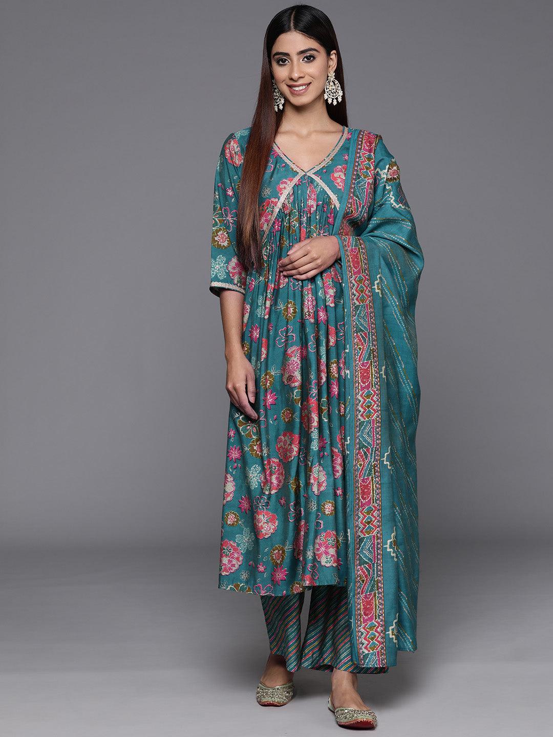 Blue Printed Silk Blend A-Line Kurta With Palazzos & Dupatta - Jashvi