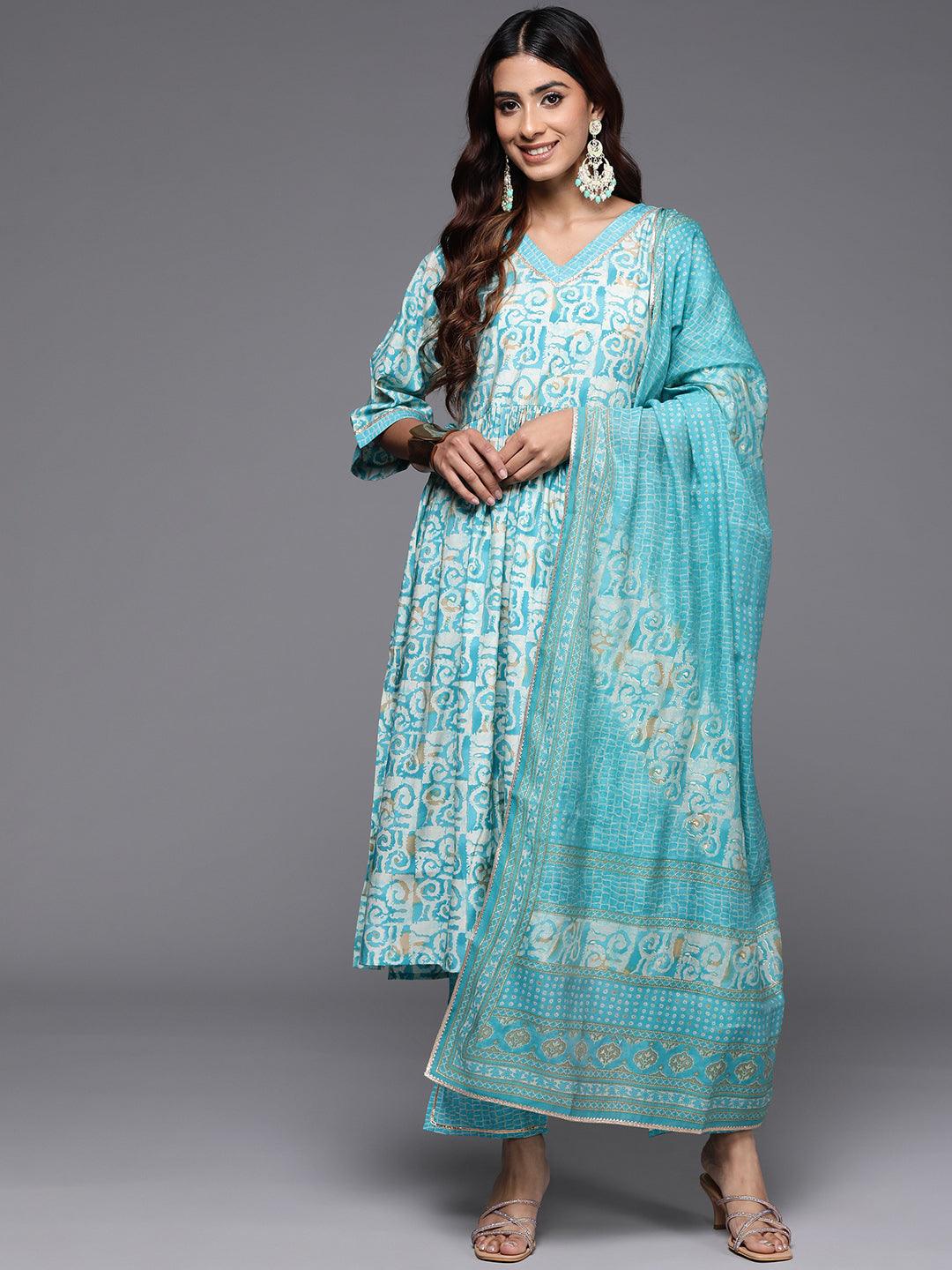 Blue Printed Silk Blend A-Line Kurta With Palazzos & Dupatta - Jashvi