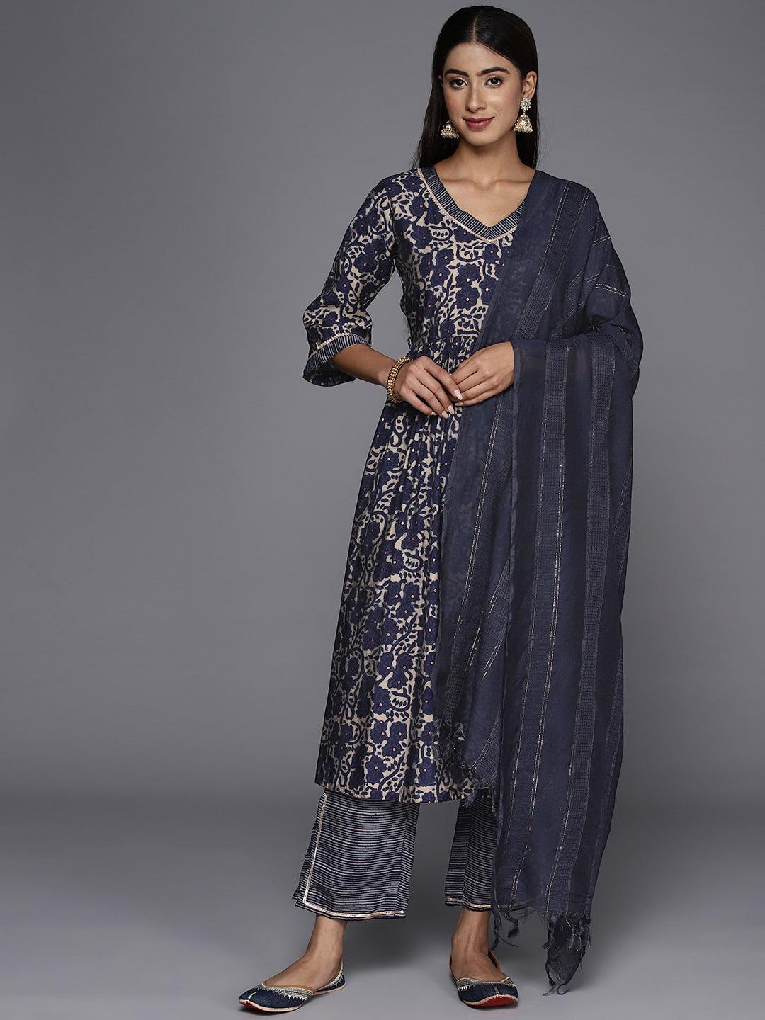 Blue Printed Silk Blend A-Line Kurta With Trousers & Dupatta - Jashvi