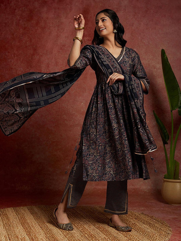 Blue Printed Silk Blend A-Line Kurta With Trousers & Dupatta - Jashvi