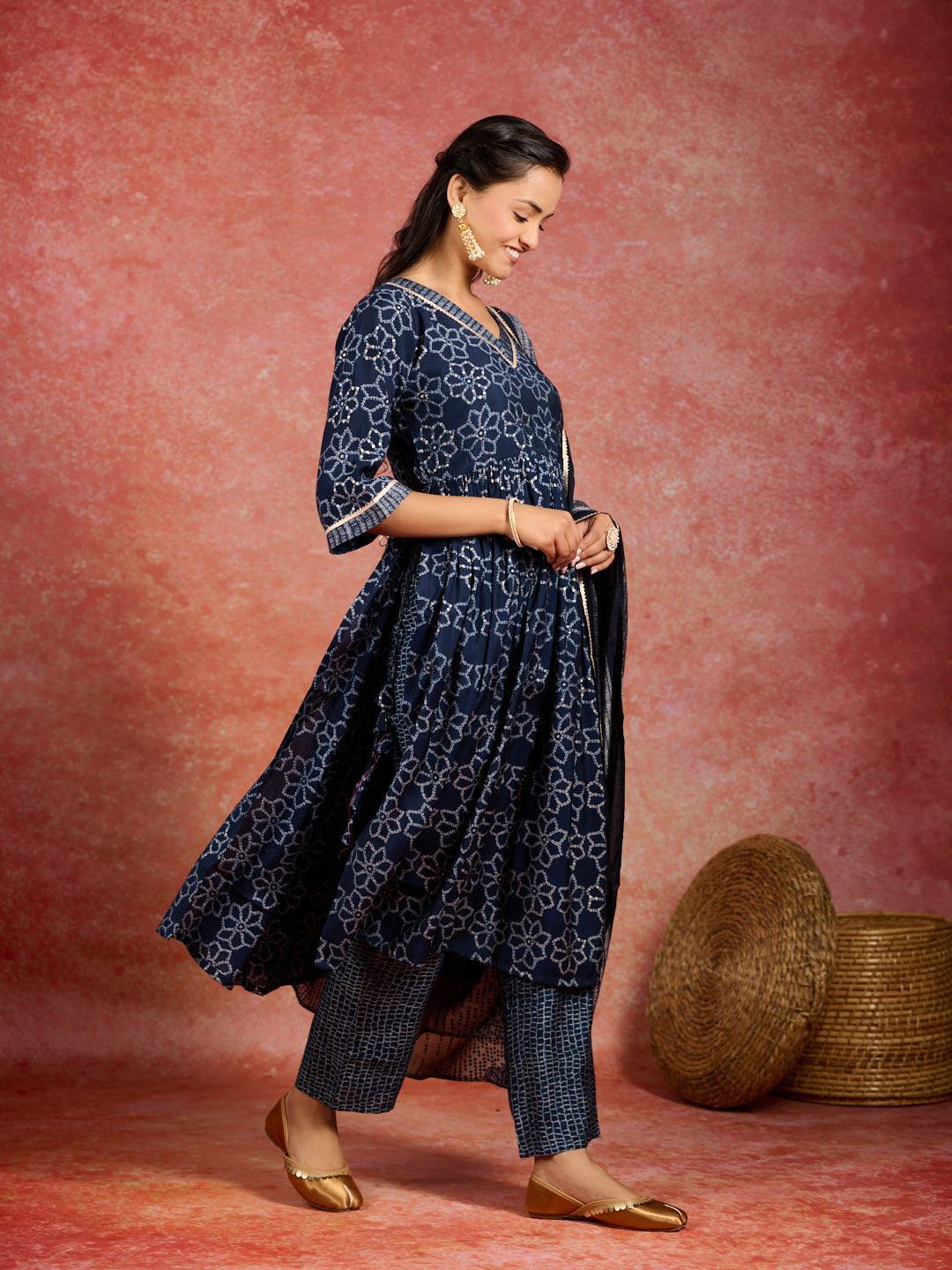 Blue Printed Silk Blend A-Line Kurta With Trousers & Dupatta - Jashvi