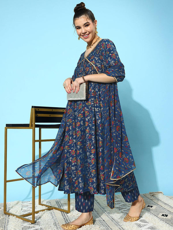 Blue Printed Silk Blend A-Line Kurta With Trousers & Dupatta - Jashvi