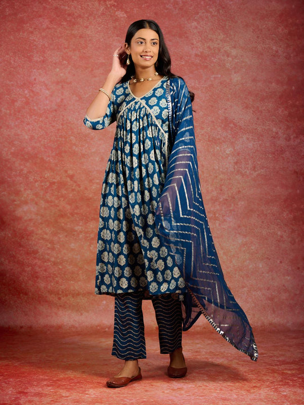 Blue Printed Silk Blend A-Line Kurta With Trousers & Dupatta - Jashvi