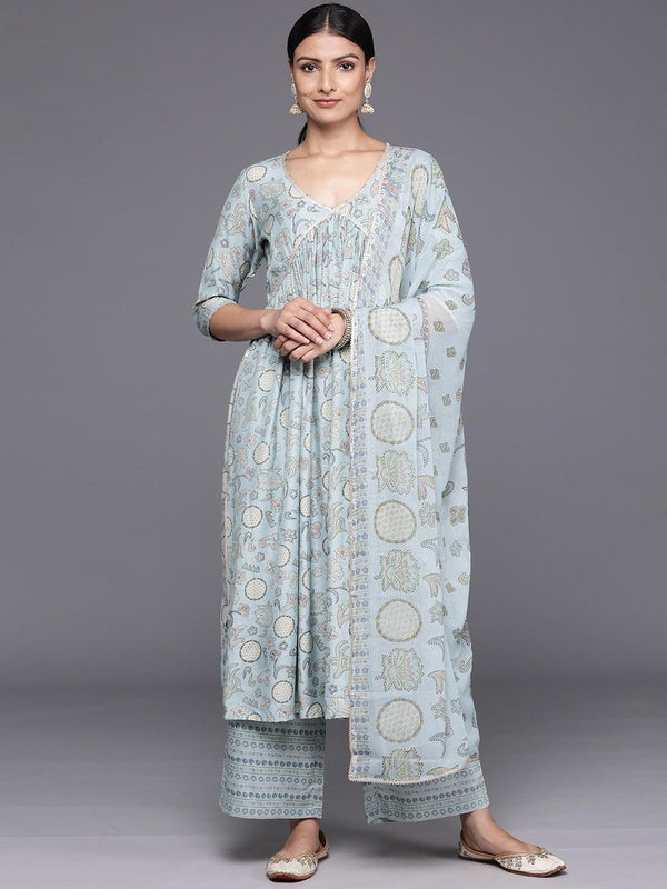 Blue Printed Silk Blend A-Line Kurta With Trousers & Dupatta - Jashvi