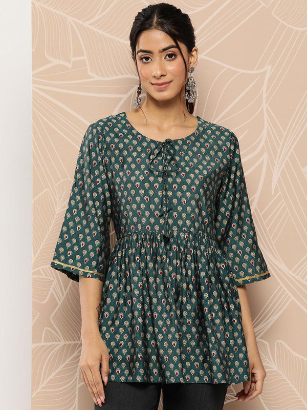 Blue Printed Silk Blend A-Line Kurti - Jashvi