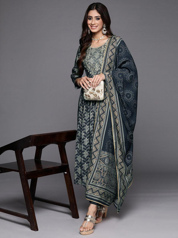 Blue Printed Silk Blend Anarkali Kurta With Trousers & Dupatta - Jashvi