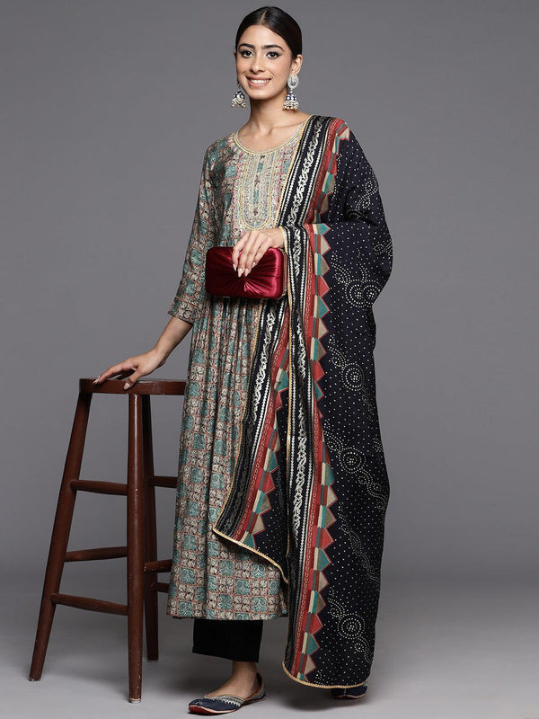 Blue Printed Silk Blend Anarkali Kurta With Trousers & Dupatta - Jashvi