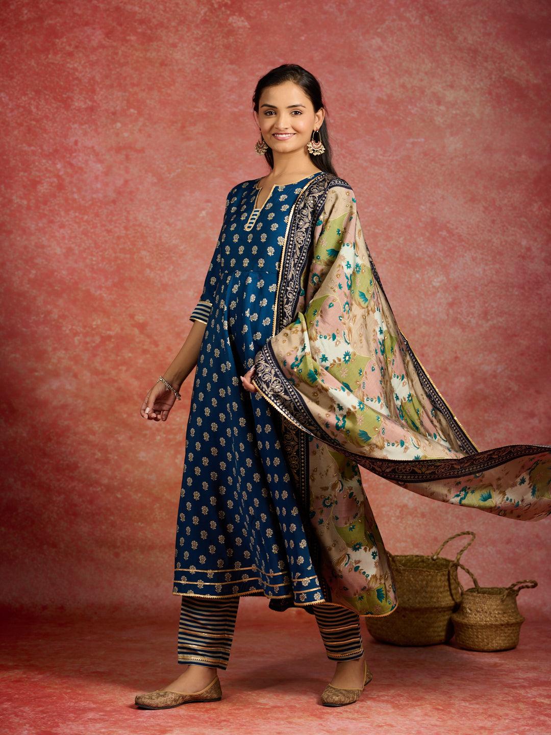 Blue Printed Silk Blend Anarkali Kurta With Trousers & Dupatta - Jashvi