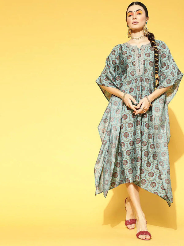 Blue Printed Silk Blend Dress - Jashvi