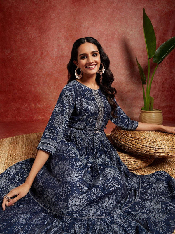 Blue Printed Silk Blend Fit and Flared Dress - Jashvi