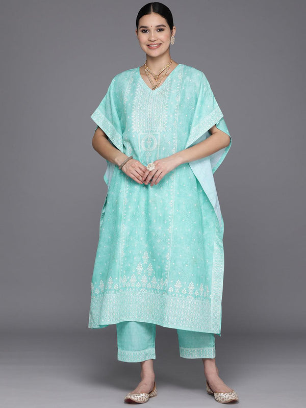 Blue Printed Silk Blend Kaftan Kurta Set With Trousers - Jashvi