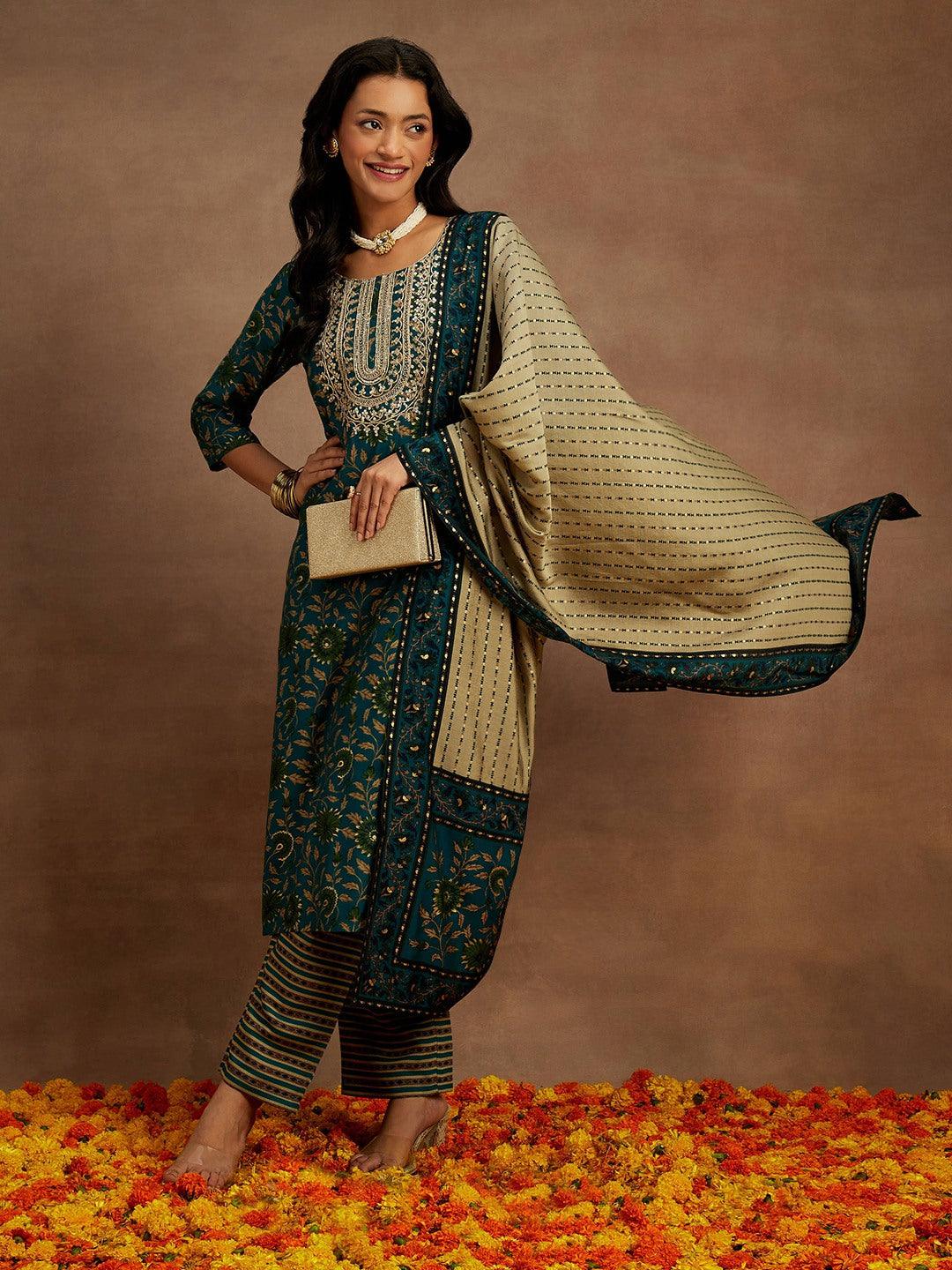 Blue Printed Silk Blend Kurta With Trousers & Dupatta - Jashvi