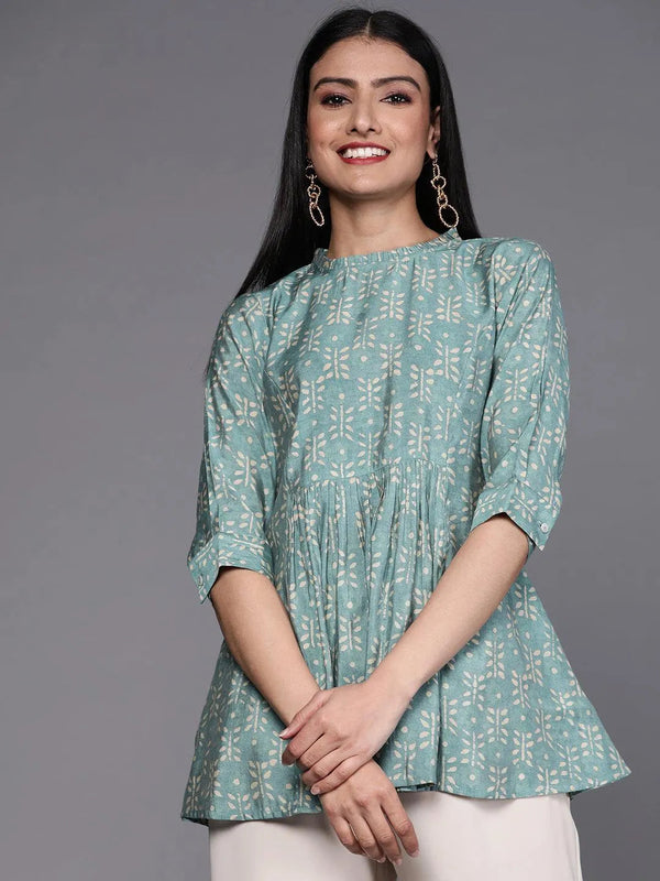 Blue Printed Silk Blend Kurti - Jashvi