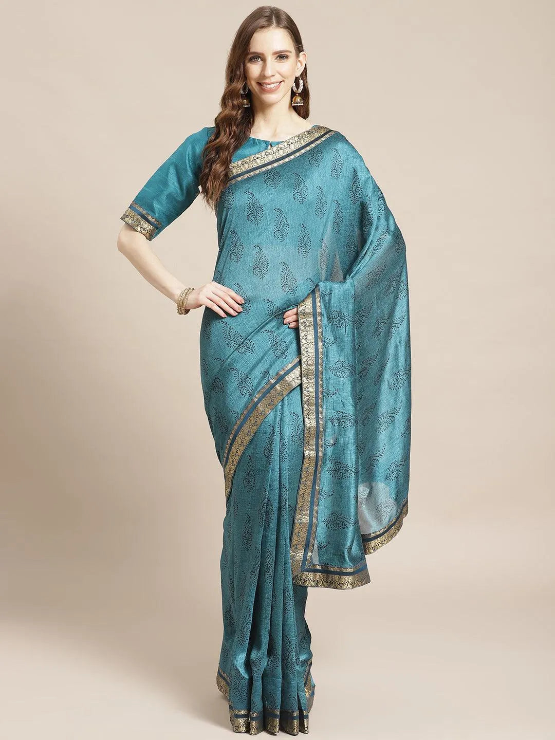 Blue Printed Silk Blend Saree - Jashvi