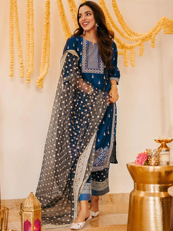 Blue Printed Silk Blend Suit Set - Jashvi