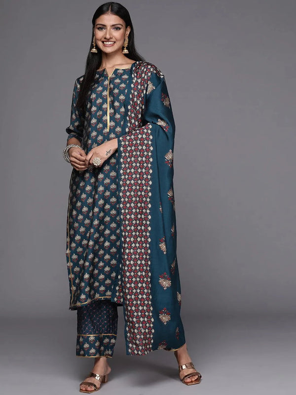 Blue Printed Silk Blend Straight Suit Set - Jashvi