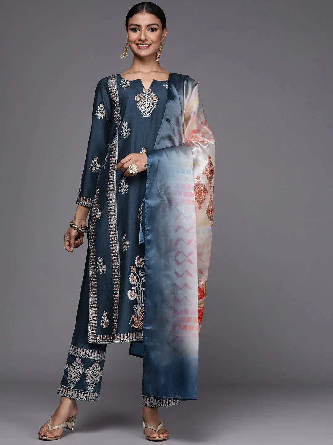 Blue Printed Silk Blend Straight Suit Set - Jashvi