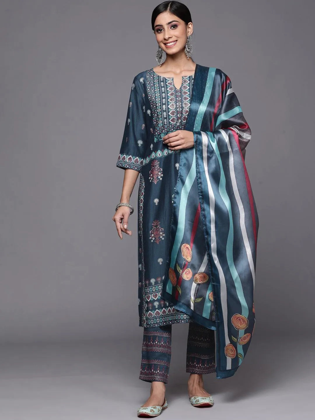 Blue Printed Silk Blend Straight Suit Set - Jashvi