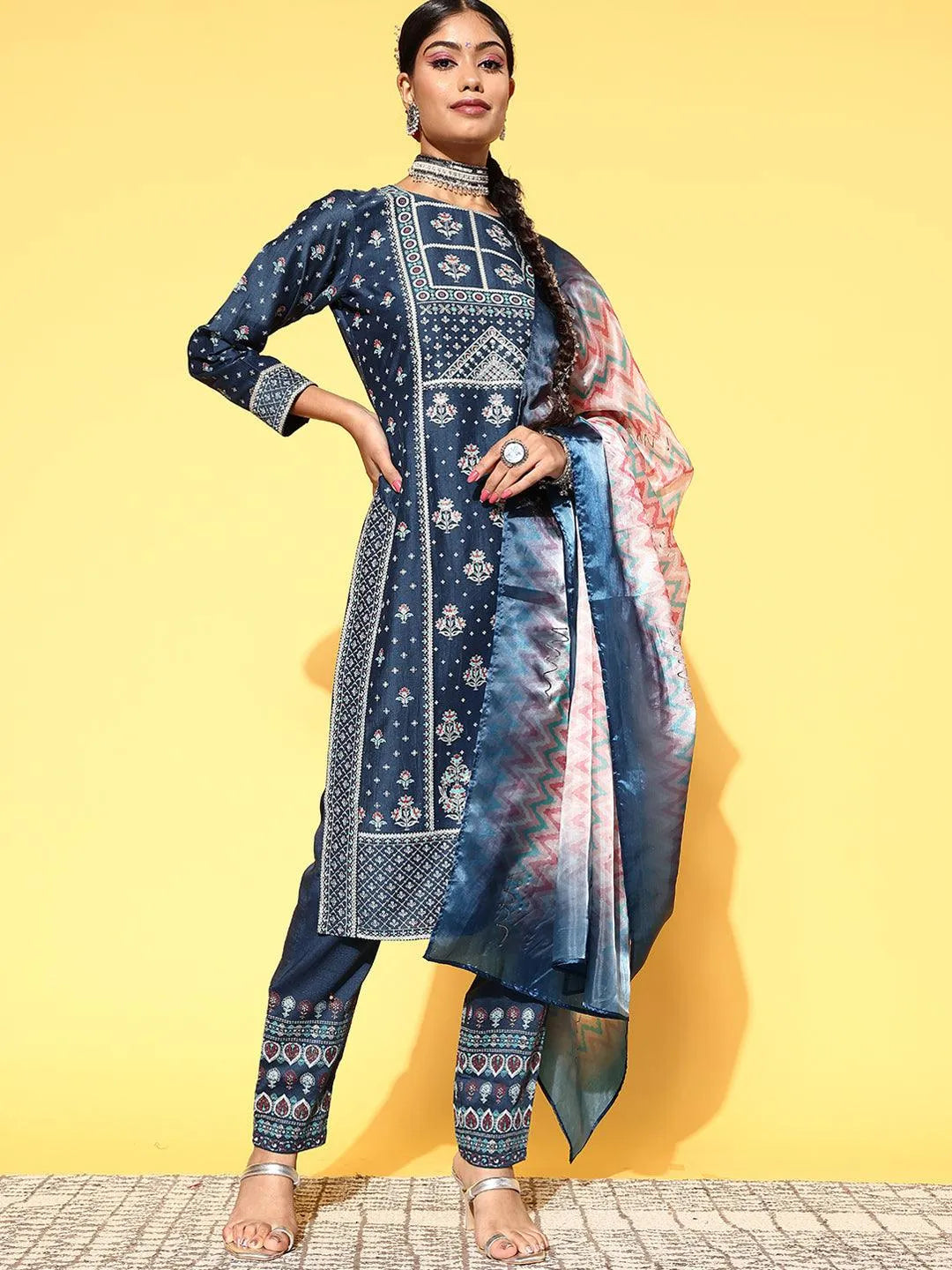 Blue Printed Silk Blend Straight Suit Set - Jashvi