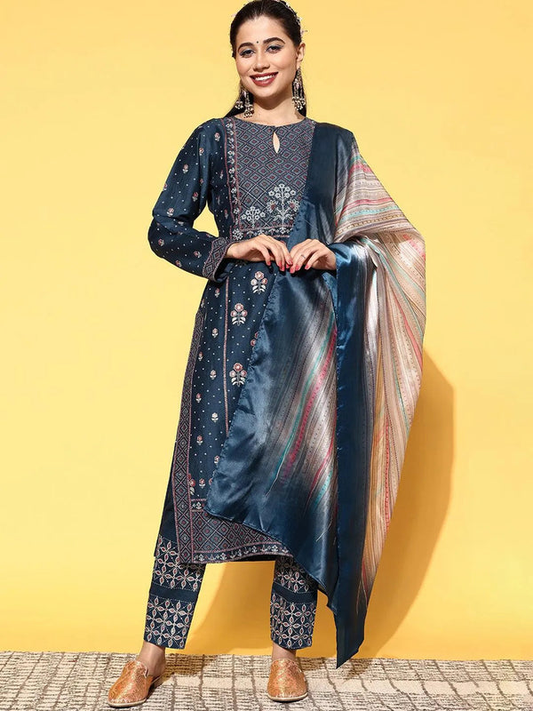 Blue Printed Silk Blend Straight Suit Set - Jashvi