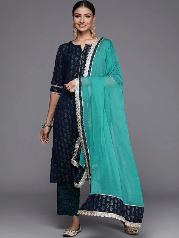 Blue Printed Silk Blend Straight Suit Set - Jashvi