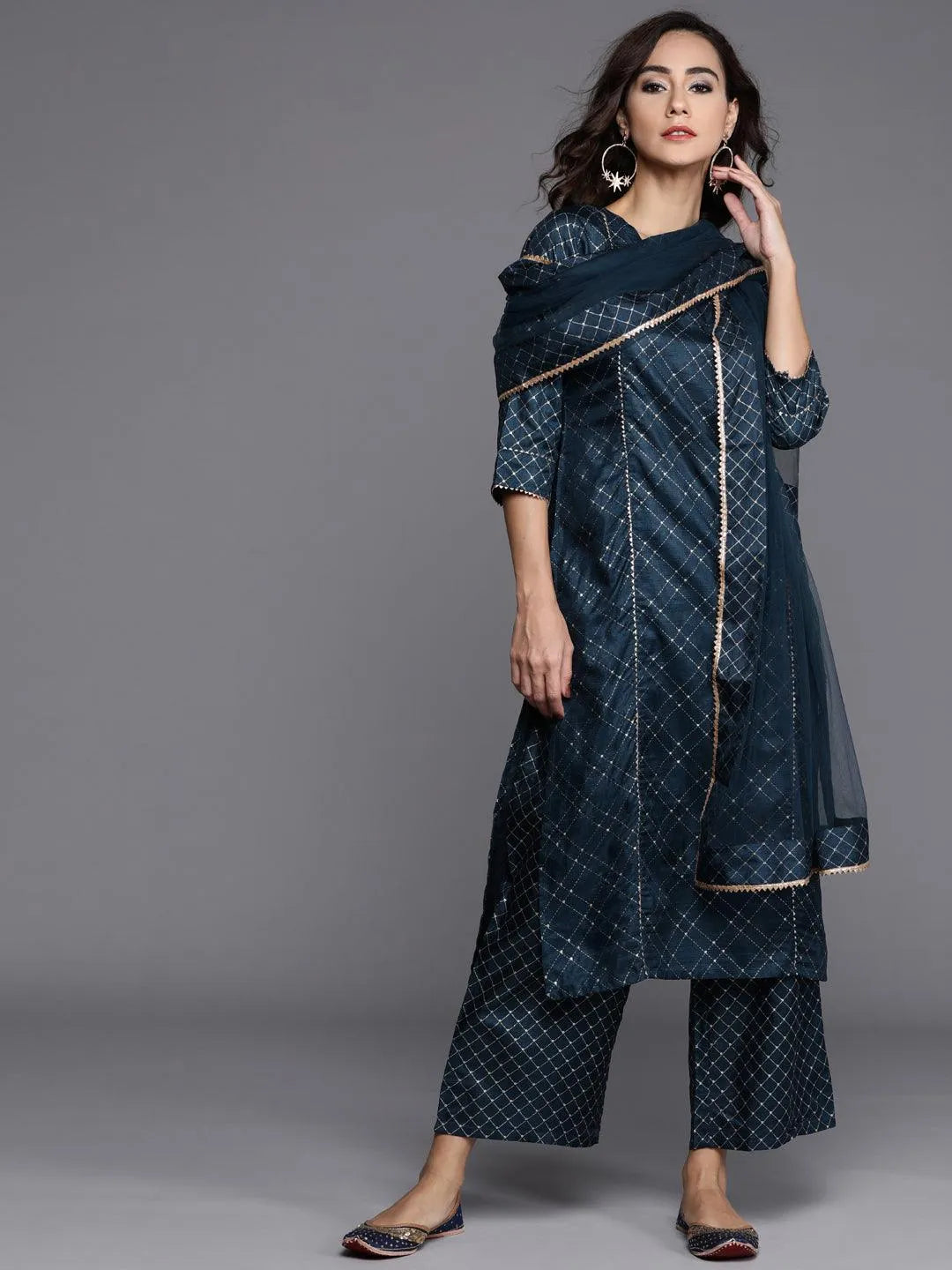 Blue Printed Silk Blend Suit Set - Jashvi