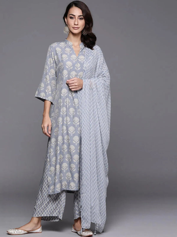 Blue Printed Silk Blend Suit Set - Jashvi