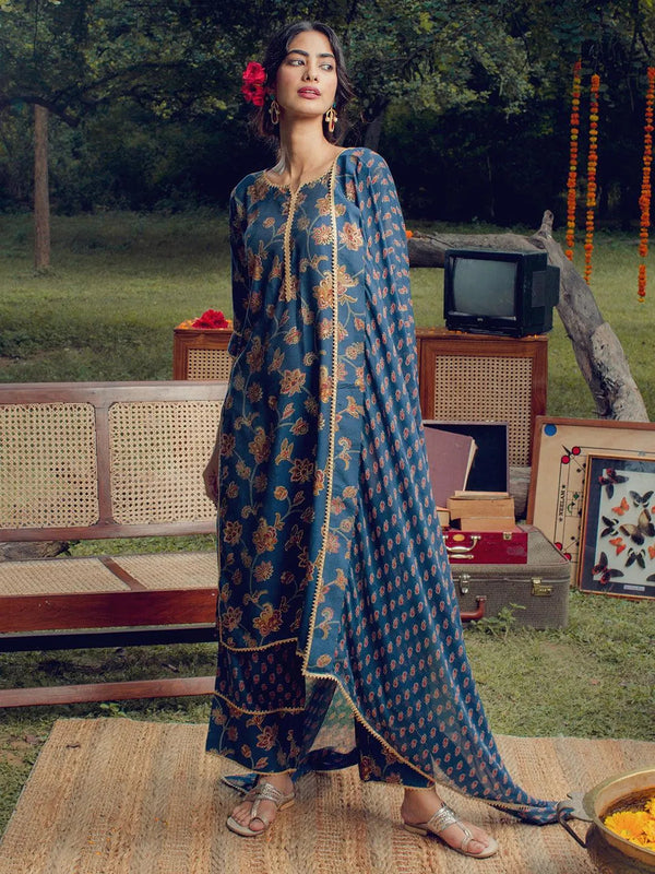 Blue Printed Silk Blend Suit Set - Jashvi