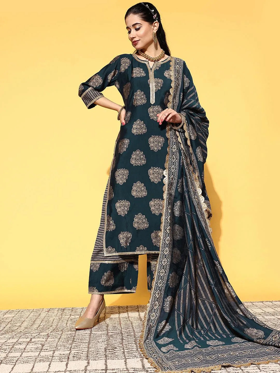 Blue Printed Silk Blend Straight Suit Set - Jashvi