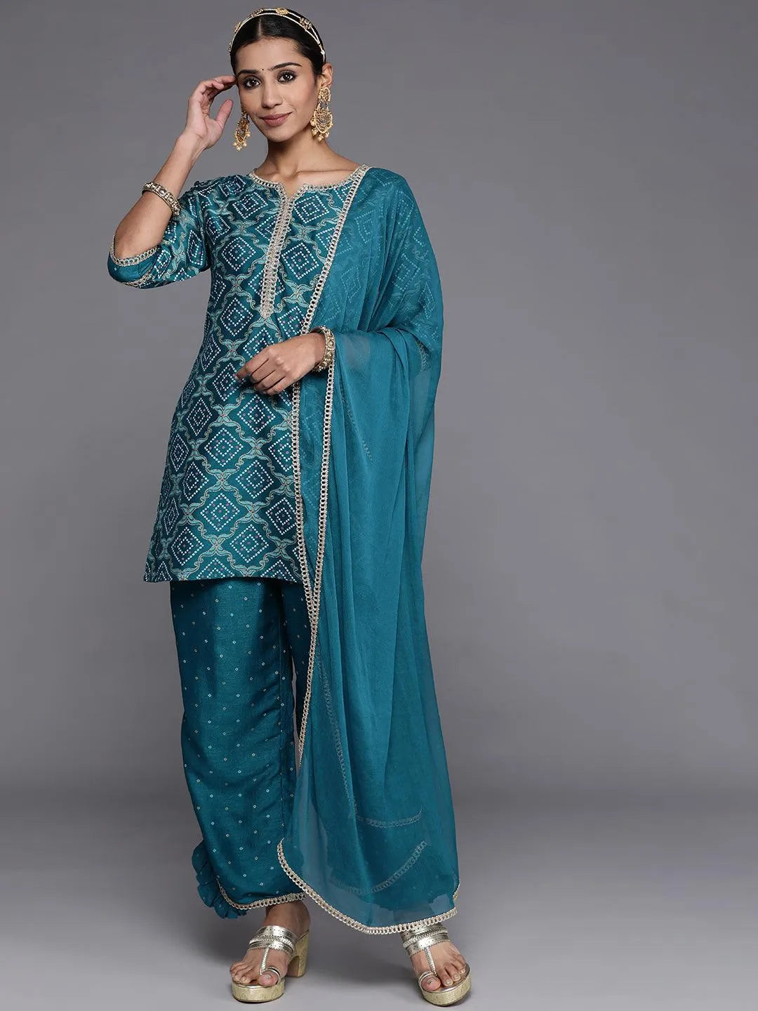 Blue Printed Silk Blend Straight Suit Set With Palazzos - Jashvi