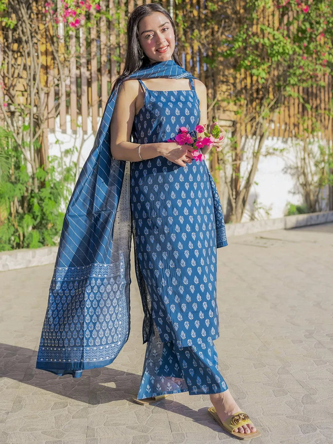 Blue Printed Silk Blend Straight Suit Set With Palazzos - Jashvi