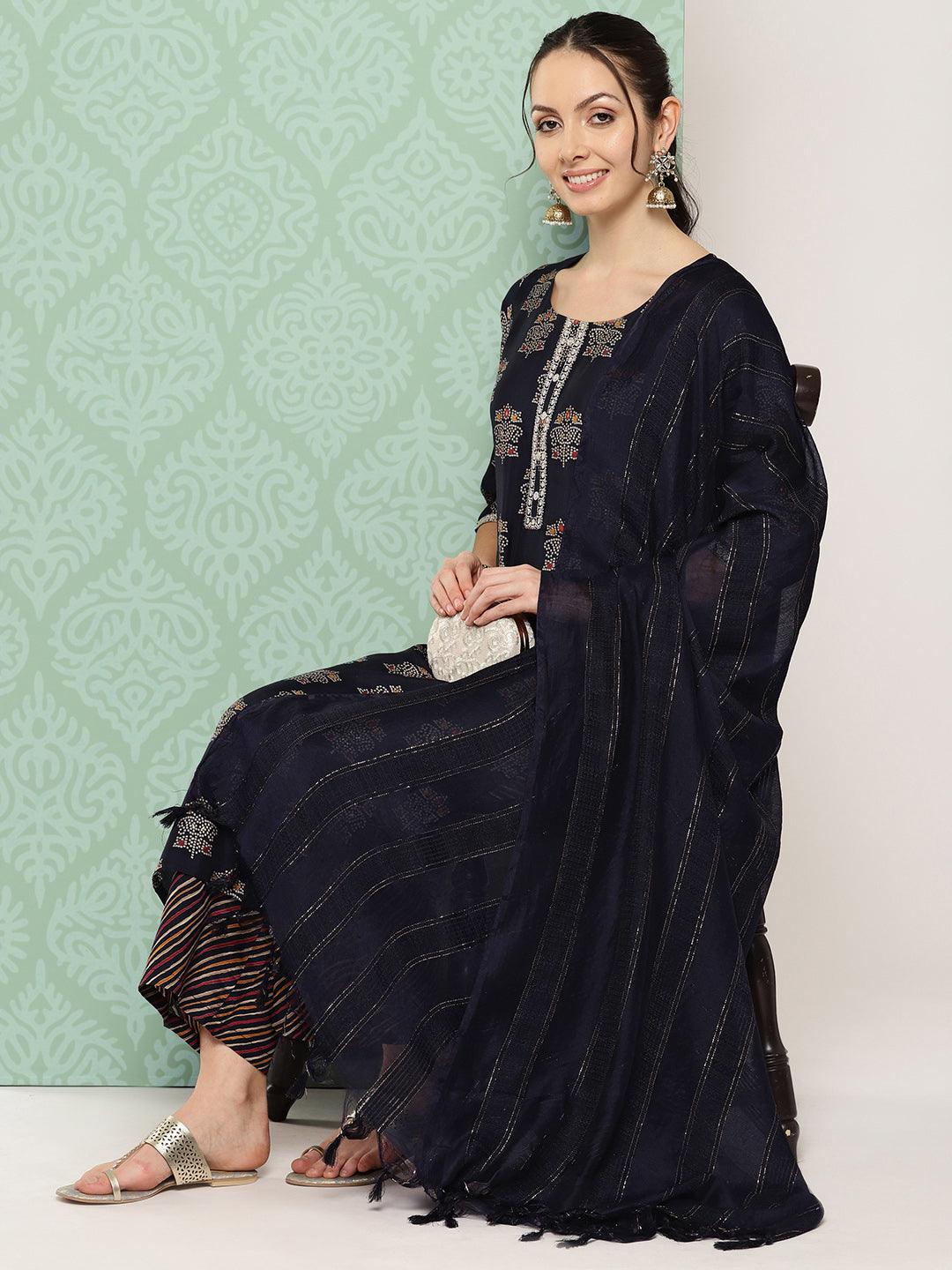 Blue Printed Silk Blend Straight Kurta With Palazzos & Dupatta - Jashvi