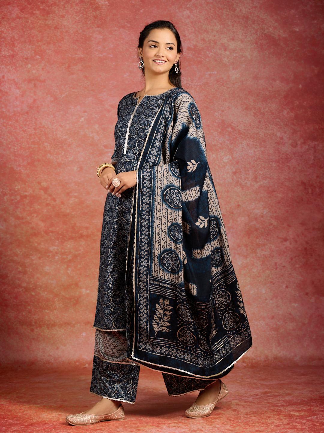 Blue Printed Silk Blend Straight Kurta With Palazzos & Dupatta - Jashvi