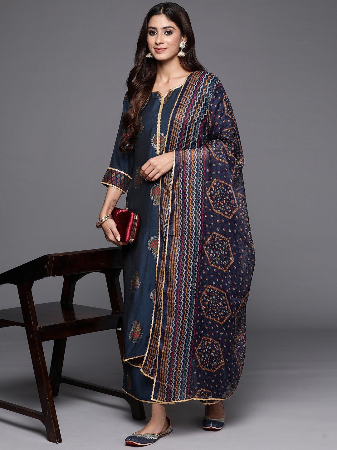 Blue Printed Silk Blend Straight Kurta With Palazzos & Dupatta - Jashvi