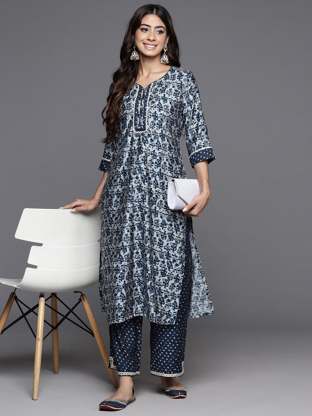 Blue Printed Silk Blend Straight Kurta With Palazzos - Jashvi