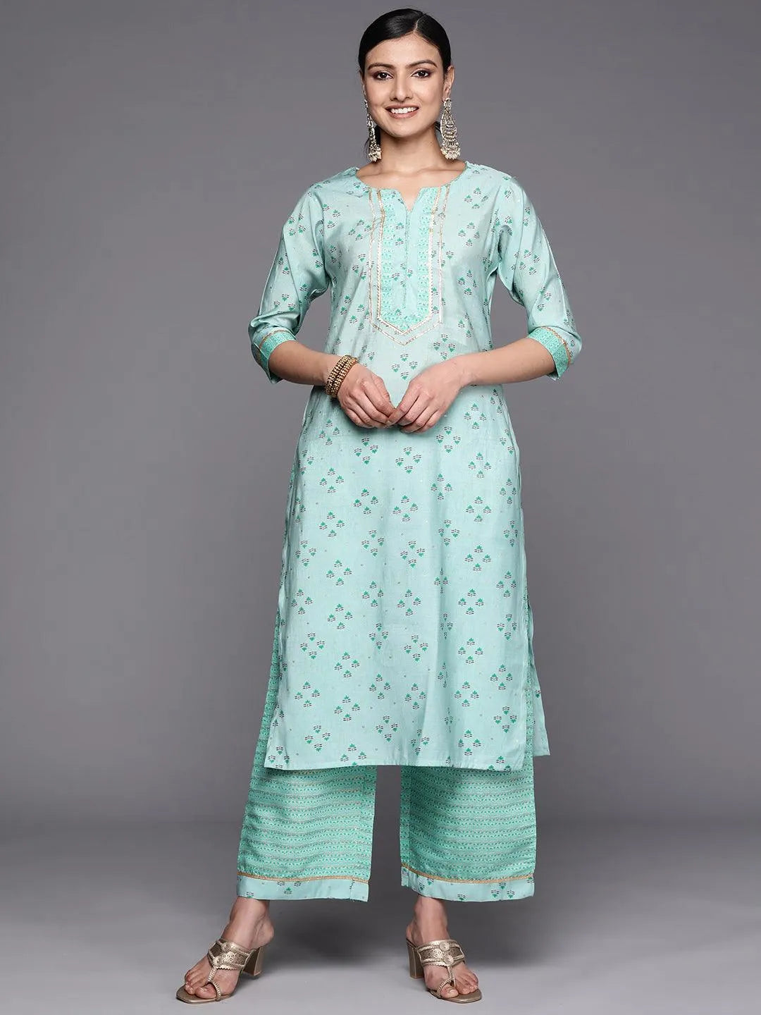 Blue Printed Silk Blend Straight Kurta Set With Palazzos - Jashvi